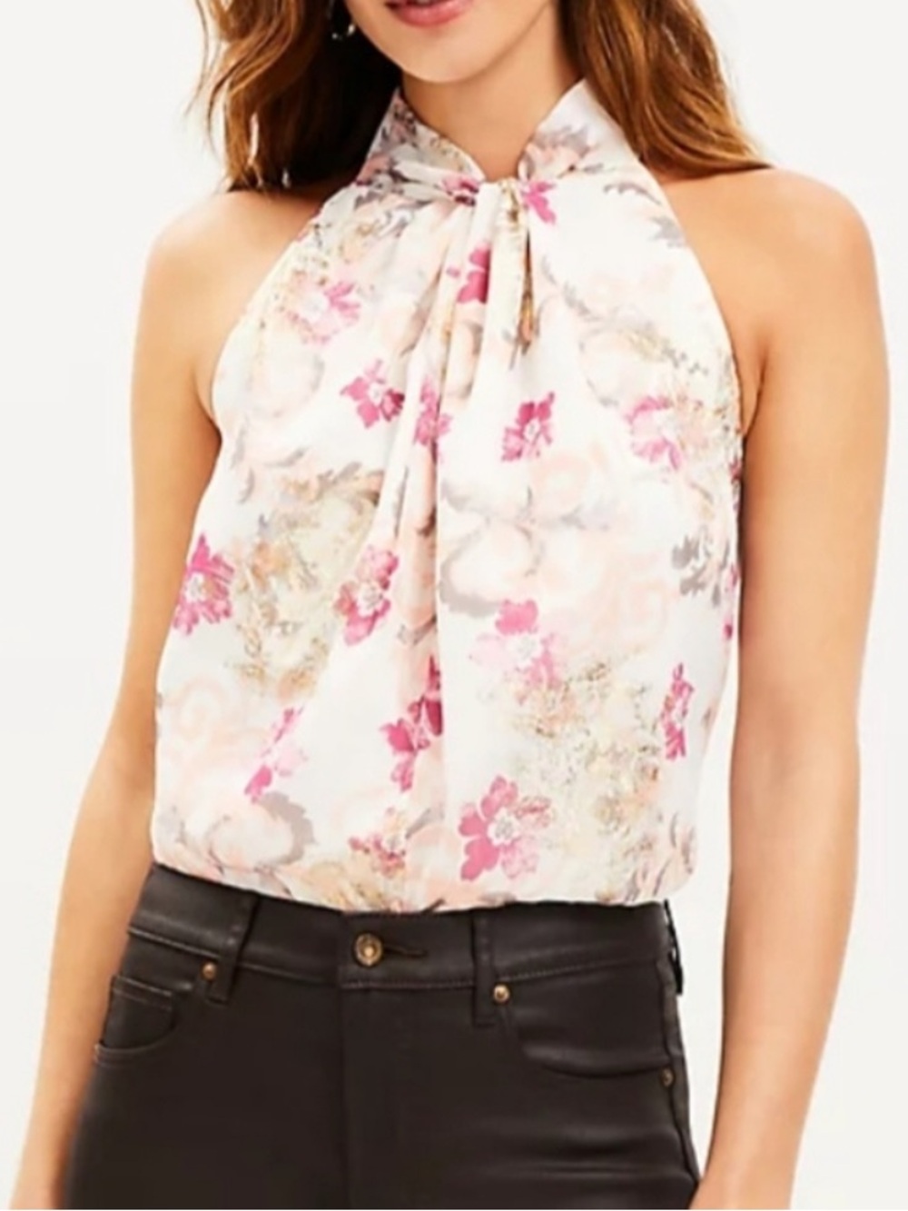 Loft Shimmer Floral Twist Halter Top Whisper White XXSP